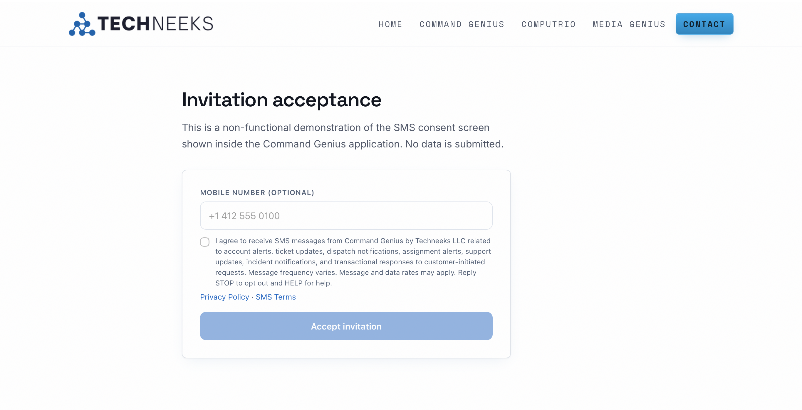 Full-window screenshot of the invitation acceptance demonstration page, showing the mobile number field, the unchecked SMS consent checkbox, the full consent disclaimer, the Privacy Policy and SMS Terms links, and the disabled submit button.