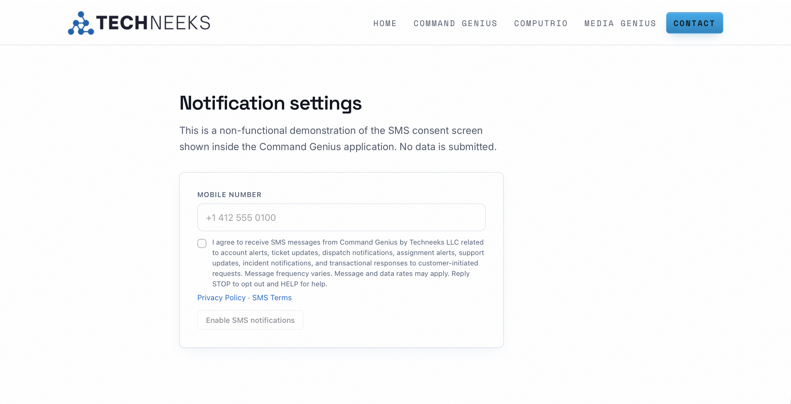 Full-window screenshot of the notification settings demonstration page, showing the mobile number field, the unchecked consent checkbox, the full consent disclaimer, the Privacy Policy and SMS Terms links, and the disabled Enable SMS notifications button.